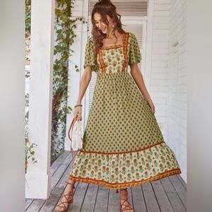 In Loom Pistachio Floral Square-Neck Maxi Dress